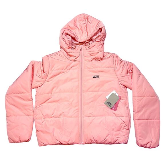 Vans Off The Wall Short Puffer Jacket Women Small Coral Hoodie Winter New - Picture 1 of 7